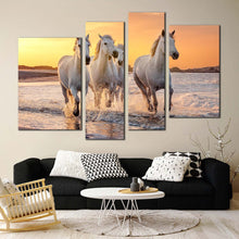 Load image into Gallery viewer, horses heard canvas print yellow sunset horses beach 4 piece canvas wall art white horses freedom canvas set for your living room
