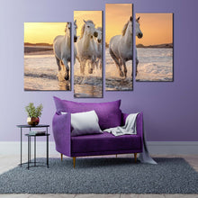 Load image into Gallery viewer, horses heard canvas print yellow sunset horses beach 4 piece canvas wall art white horses freedom canvas set
