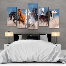 Load image into Gallery viewer, horses herd canvas print horses white sand multiple canvas black brown wild horses 5 piece canvas wall art For Bedroom
