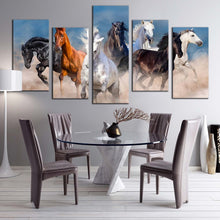 Load image into Gallery viewer, horses herd canvas print horses white sand multiple canvas black brown wild horses 5 piece canvas wall art In Dining Room
