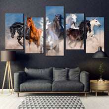 Load image into Gallery viewer, horses herd canvas print horses white sand multiple canvas black brown wild horses 5 piece canvas wall art For Living room
