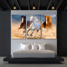 Load image into Gallery viewer, horses herd canvas print white horse running dust 3 piece canvas wall art brown horses gallop in desert triptych canvas set For Bedroom
