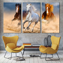 Load image into Gallery viewer, horses herd canvas print white horse running dust 3 piece canvas wall art brown horses gallop in desert triptych canvas set For Living room
