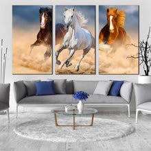 Load image into Gallery viewer, horses herd canvas print white horse running dust 3 piece canvas wall art brown horses gallop in desert triptych canvas set In Living Room
