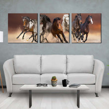 Load image into Gallery viewer, horses  herd  canvas  wall  art  animal  run  in  sky  desert  3  piece  canvas  print  black  white  brown  horses  running  triptych  canvas  print In Living Room
