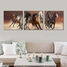 Load image into Gallery viewer, horses  herd  canvas  wall  art  animal  run  in  sky  desert  3  piece  canvas  print  black  white  brown  horses  running  triptych  canvas  print For Living Room
