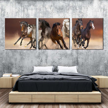 Load image into Gallery viewer, horses  herd  canvas  wall  art  animal  run  in  sky  desert  3  piece  canvas  print  black  white  brown  horses  running  triptych  canvas  print For Bedroom
