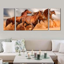 Load image into Gallery viewer, horses  herd  canvas  wall  art  horses  grey  sky  sand  3  piece  canvas  set  brown  fast  horses  triptych  canvas  print For Living Room
