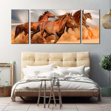 Load image into Gallery viewer, horses  herd  canvas  wall  art  horses  grey  sky  sand  3  piece  canvas  set  brown  fast  horses  triptych  canvas  print For Bedroom
