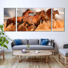 Load image into Gallery viewer, horses  herd  canvas  wall  art  horses  grey  sky  sand  3  piece  canvas  set  brown  fast  horses  triptych  canvas  print In Living Room
