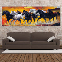 Load image into Gallery viewer, horses  herd  canvas  wall  art  orange  horses  digital  painting  1  piece  canvas  print  white  black  horses  splashes  water  canvas  artwork In Living Room
