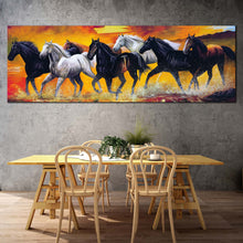 Load image into Gallery viewer, horses  herd  canvas  wall  art  orange  horses  digital  painting  1  piece  canvas  print  white  black  horses  splashes  water  canvas  artwork In Dinning Room
