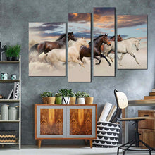 Load image into Gallery viewer, horses herd canvas wall art white brown horses galloping 4 piece canvas print five running horses multiple canvas for living room
