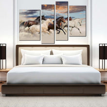 Load image into Gallery viewer, horses herd canvas wall art white brown horses galloping 4 piece canvas print five running horses multiple canvas for your bedroom
