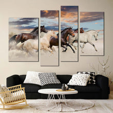 Load image into Gallery viewer, horses herd canvas wall art white brown horses galloping 4 piece canvas print five running horses multiple canvas
