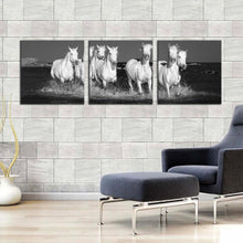 Load image into Gallery viewer, horses  herd  canvas  wall  art  white  horses  dark  background  3  piece  canvas  set  black  and  white  horses  beach  canvas  print In Living Room
