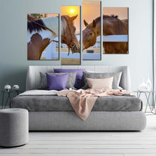 Load image into Gallery viewer, horses kissing canvas print brown white horse in field 4 piece multiple canvas horses friendship canvas wall art for bedroom
