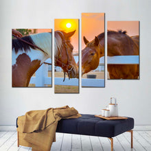 Load image into Gallery viewer, horses kissing canvas print brown white horse in field 4 piece multiple canvas horses friendship canvas wall art
