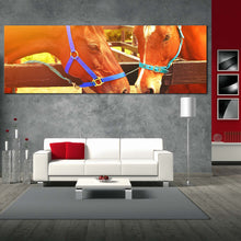 Load image into Gallery viewer, horses  kissing  canvas  wall  art  2  brown  horses  heads  panoramic  canvas  print  horses  in  orange  sun  wide  canvas In Living Room
