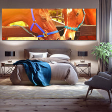 Load image into Gallery viewer, horses  kissing  canvas  wall  art  2  brown  horses  heads  panoramic  canvas  print  horses  in  orange  sun  wide  canvas For Bedroom
