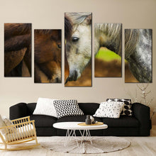 Load image into Gallery viewer, horses kissing canvas wall art horse couple 5 piece canvas print brown white romantic horses multiple canvas For Living Room
