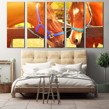 Load image into Gallery viewer, horses love canvas print 2 horses romance 5 piece canvas horses in yellow sun canvas multiple canvas brown horses kissing canvas wall art For Bedroom
