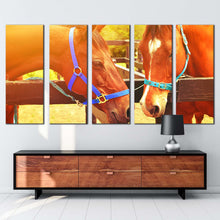 Load image into Gallery viewer, horses love canvas print 2 horses romance 5 piece canvas horses in yellow sun canvas multiple canvas brown horses kissing canvas wall art
