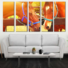 Load image into Gallery viewer, horses love canvas print 2 horses romance 5 piece canvas horses in yellow sun canvas multiple canvas brown horses kissing canvas wall art For Living room
