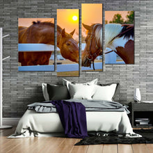 Load image into Gallery viewer, horses love canvas wall art horses farm in yellow sunset 4 piece canvas set brown horses fence field canvas print for bedroom
