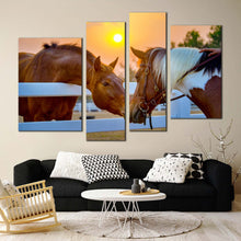 Load image into Gallery viewer, horses love canvas wall art horses farm in yellow sunset 4 piece canvas set brown horses fence field canvas print for your living room 
