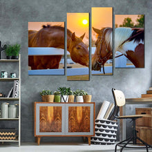 Load image into Gallery viewer, horses love canvas wall art horses farm in yellow sunset 4 piece canvas set brown horses fence field canvas print
