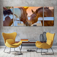 Load image into Gallery viewer, horses  love  canvas  wall  art  horses  in  yellow  sunrise  3  piece  canvas  brown  horses  kissing  canvas  print In Living Room
