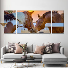 Load image into Gallery viewer, horses  love  canvas  wall  art  horses  in  yellow  sunrise  3  piece  canvas  brown  horses  kissing  canvas  print For Living Room
