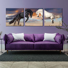 Load image into Gallery viewer, horses  playing  canvas  wall  art  horses  fight  3  piece  multiple  canvas  black  white  horses  rearing  triptych  canvas  print For Living Room
