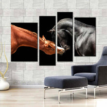 Load image into Gallery viewer, horses portrait canvas wall art brown black horses in love 4 piece canvas print horses kiss canvas set for living room
