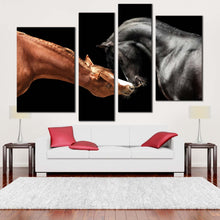 Load image into Gallery viewer, horses portrait canvas wall art brown black horses in love 4 piece canvas print horses kiss canvas set for your living room 

