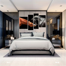 Load image into Gallery viewer, horses portrait canvas wall art brown black horses in love 4 piece canvas print horses kiss canvas set
