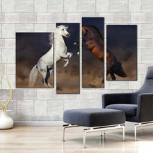 Load image into Gallery viewer, horses rearing canvas wall art two horses fight 4 piece multi canvas white brown horses dust canvas print for living room
