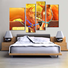 Load image into Gallery viewer, horses romance canvas wall art brown horses in love 4 piece canvas print horses in yellow sun canvas set 2 horses head multiple canvas for bedroom
