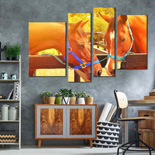 Load image into Gallery viewer, horses romance canvas wall art brown horses in love 4 piece canvas print horses in yellow sun canvas set 2 horses head multiple canvas for your living room 
