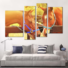 Load image into Gallery viewer, horses romance canvas wall art brown horses in love 4 piece canvas print horses in yellow sun canvas set 2 horses head multiple canvas
