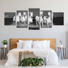 Load image into Gallery viewer, horses running canvas wall art horses galloping forward 5 piece grey horses beach canvas set white horses running multi canvas For Bedroom
