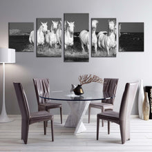 Load image into Gallery viewer, horses running canvas wall art horses galloping forward 5 piece grey horses beach canvas set white horses running multi canvas In Dining Room
