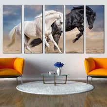 Load image into Gallery viewer, horses running canvas wall art white black horses in nature 5 piece canvas set horse couple canvas print In Living Room
