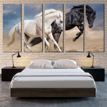 Load image into Gallery viewer, horses running canvas wall art white black horses in nature 5 piece canvas set horse couple canvas print For Bedroom
