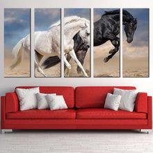 Load image into Gallery viewer, horses running canvas wall art white black horses in nature 5 piece canvas set horse couple canvas print For Living room
