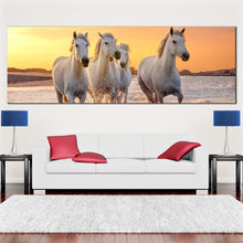 Load image into Gallery viewer, horses  sea  canvas  wall  art  horses  yellow  sunset  sky  panoramic  canvas  print  white  horses  running  forward  wide  canvas For Living Room
