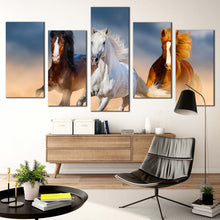 Load image into Gallery viewer, horses stallions canvas wall art running black brown horses herd multiple canvas 3 horses galloping 5 piece canvas print In Living room
