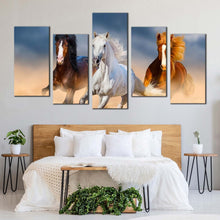 Load image into Gallery viewer, horses stallions canvas wall art running black brown horses herd multiple canvas 3 horses galloping 5 piece canvas print For Your Bedroom
