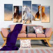 Load image into Gallery viewer, horses stallions canvas wall art running black brown horses herd multiple canvas 3 horses galloping 5 piece canvas print For Living Room
